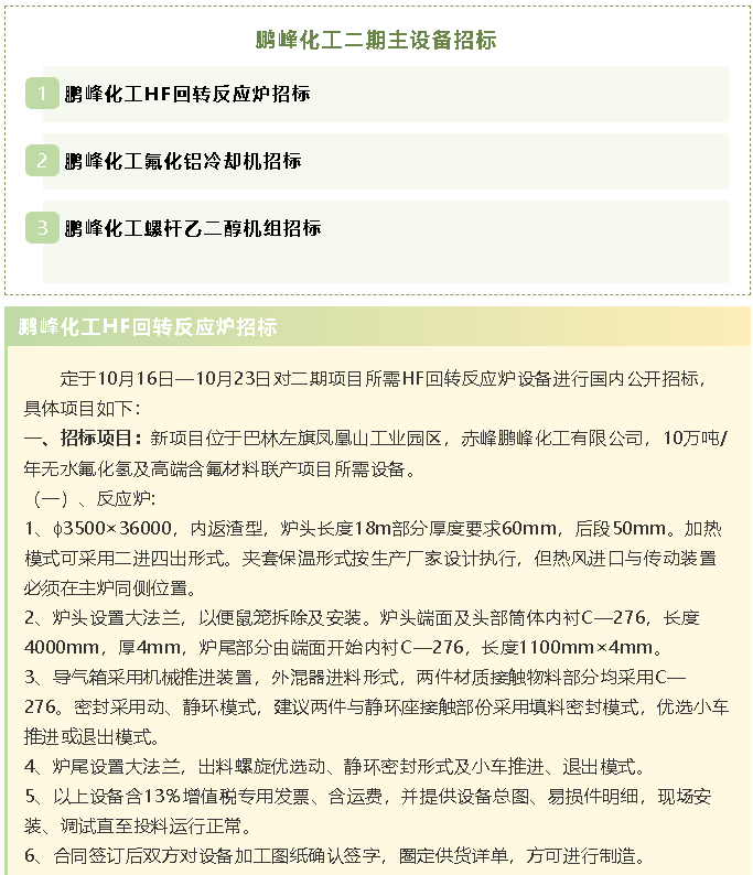 【招標(biāo)公告】鵬峰化工HF回轉(zhuǎn)反應(yīng)爐、氟化鋁冷卻機(jī)、螺桿乙二醇機(jī)組招標(biāo)43