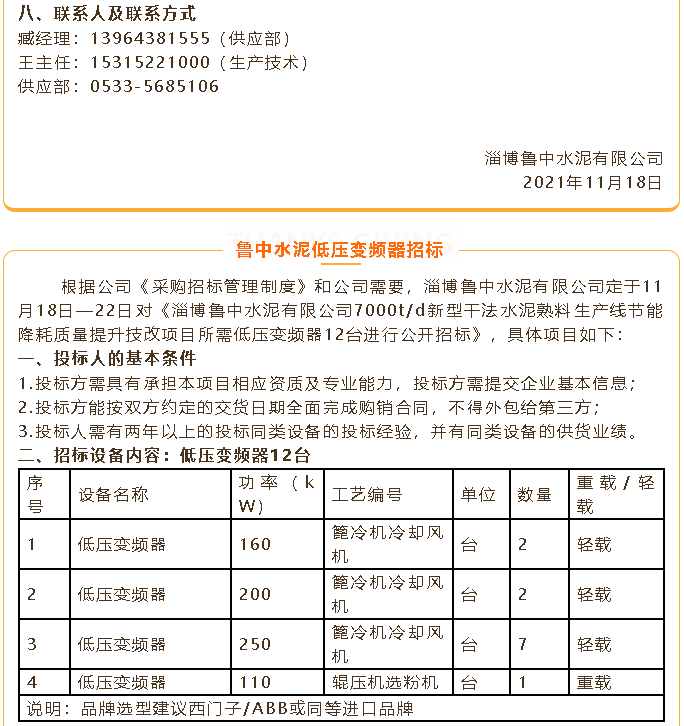 【招標公告】魯中水泥煤磨收塵器、風機、低壓變頻器招標100